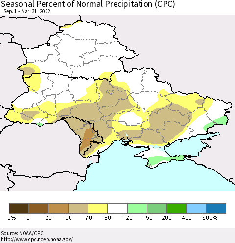 Ukraine, Moldova and Belarus Seasonal Percent of Normal Precipitation (CPC) Thematic Map For 9/1/2021 - 3/31/2022