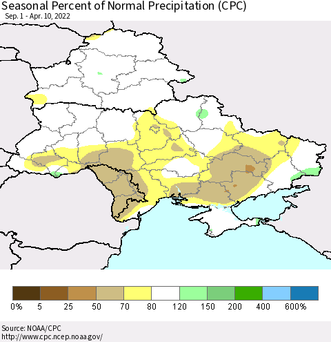Ukraine, Moldova and Belarus Seasonal Percent of Normal Precipitation (CPC) Thematic Map For 9/1/2021 - 4/10/2022