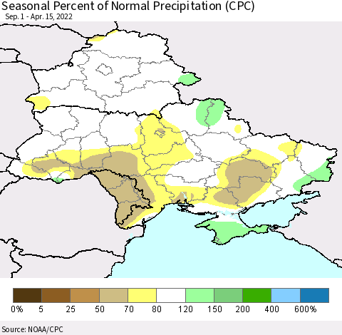Ukraine, Moldova and Belarus Seasonal Percent of Normal Precipitation (CPC) Thematic Map For 9/1/2021 - 4/15/2022