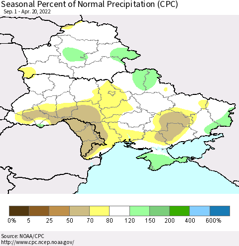 Ukraine, Moldova and Belarus Seasonal Percent of Normal Precipitation (CPC) Thematic Map For 9/1/2021 - 4/20/2022