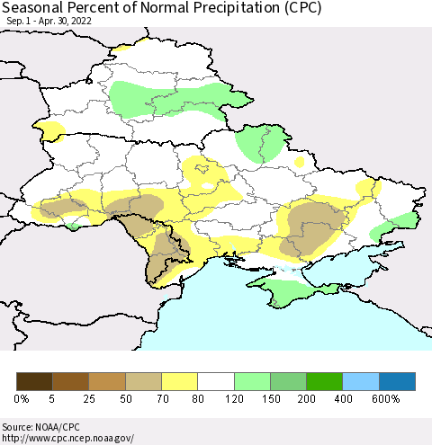 Ukraine, Moldova and Belarus Seasonal Percent of Normal Precipitation (CPC) Thematic Map For 9/1/2021 - 4/30/2022
