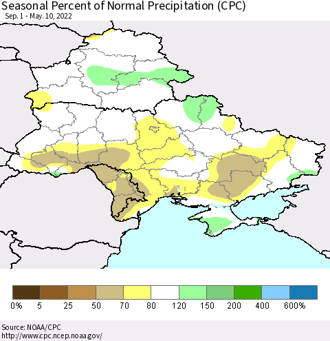 Ukraine, Moldova and Belarus Seasonal Percent of Normal Precipitation (CPC) Thematic Map For 9/1/2021 - 5/10/2022