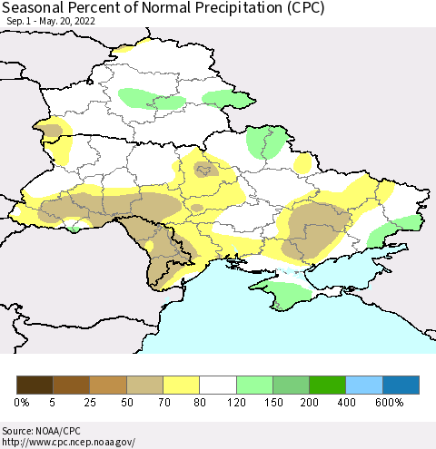 Ukraine, Moldova and Belarus Seasonal Percent of Normal Precipitation (CPC) Thematic Map For 9/1/2021 - 5/20/2022