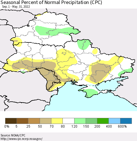 Ukraine, Moldova and Belarus Seasonal Percent of Normal Precipitation (CPC) Thematic Map For 9/1/2021 - 5/31/2022