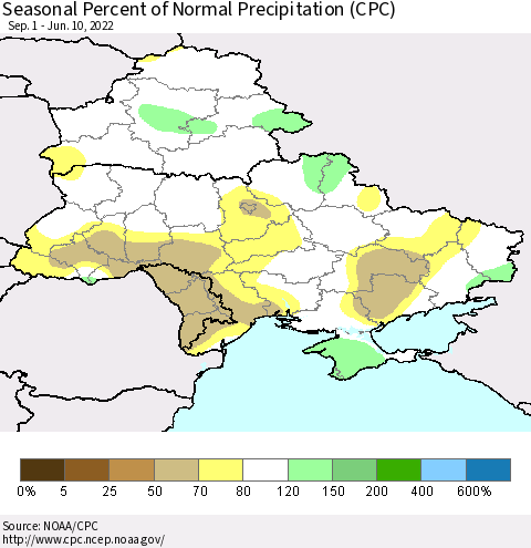 Ukraine, Moldova and Belarus Seasonal Percent of Normal Precipitation (CPC) Thematic Map For 9/1/2021 - 6/10/2022