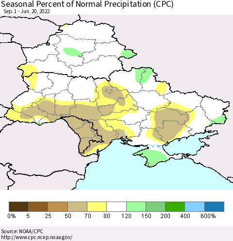 Ukraine, Moldova and Belarus Seasonal Percent of Normal Precipitation (CPC) Thematic Map For 9/1/2021 - 6/20/2022