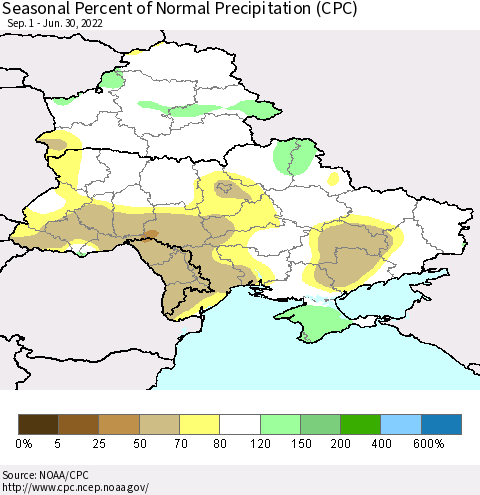 Ukraine, Moldova and Belarus Seasonal Percent of Normal Precipitation (CPC) Thematic Map For 9/1/2021 - 6/30/2022