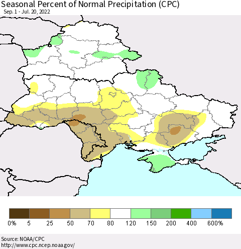 Ukraine, Moldova and Belarus Seasonal Percent of Normal Precipitation (CPC) Thematic Map For 9/1/2021 - 7/20/2022