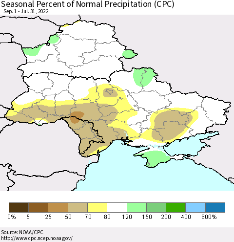Ukraine, Moldova and Belarus Seasonal Percent of Normal Precipitation (CPC) Thematic Map For 9/1/2021 - 7/31/2022