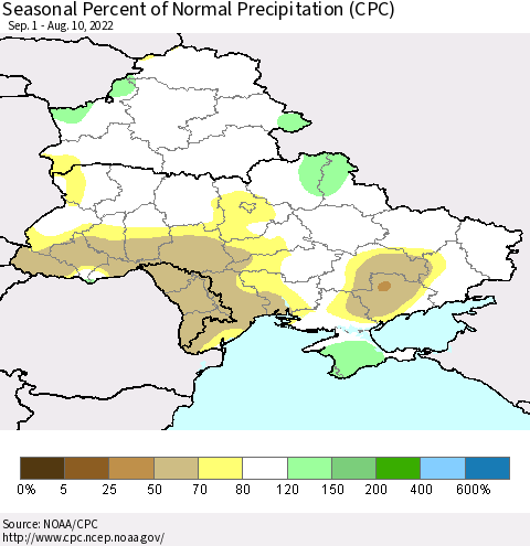 Ukraine, Moldova and Belarus Seasonal Percent of Normal Precipitation (CPC) Thematic Map For 9/1/2021 - 8/10/2022