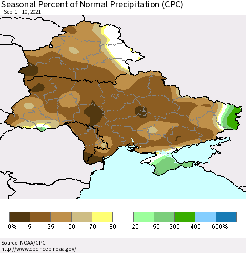 Ukraine, Moldova and Belarus Seasonal Percent of Normal Precipitation (CPC) Thematic Map For 9/1/2021 - 9/10/2021