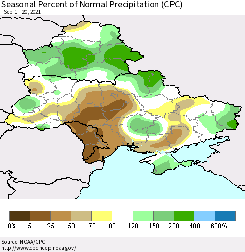 Ukraine, Moldova and Belarus Seasonal Percent of Normal Precipitation (CPC) Thematic Map For 9/1/2021 - 9/20/2021