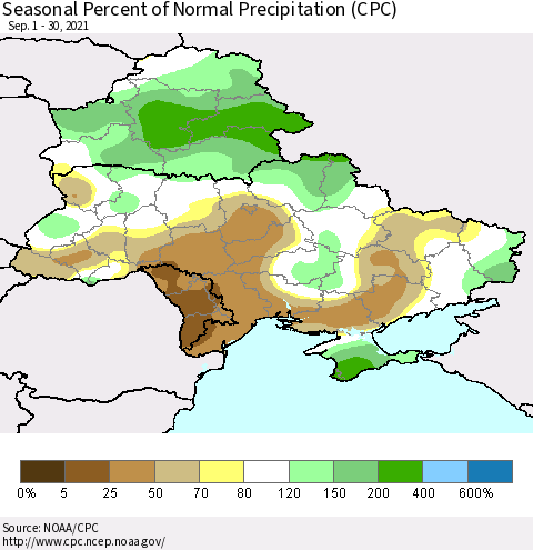 Ukraine, Moldova and Belarus Seasonal Percent of Normal Precipitation (CPC) Thematic Map For 9/1/2021 - 9/30/2021