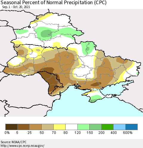 Ukraine, Moldova and Belarus Seasonal Percent of Normal Precipitation (CPC) Thematic Map For 9/1/2021 - 10/20/2021