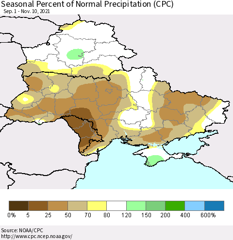 Ukraine, Moldova and Belarus Seasonal Percent of Normal Precipitation (CPC) Thematic Map For 9/1/2021 - 11/10/2021