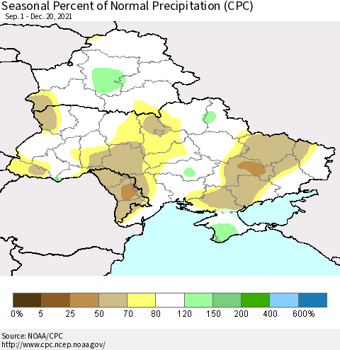 Ukraine, Moldova and Belarus Seasonal Percent of Normal Precipitation (CPC) Thematic Map For 9/1/2021 - 12/20/2021