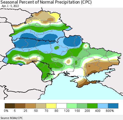 Ukraine, Moldova and Belarus Seasonal Percent of Normal Precipitation (CPC) Thematic Map For 4/1/2022 - 4/5/2022