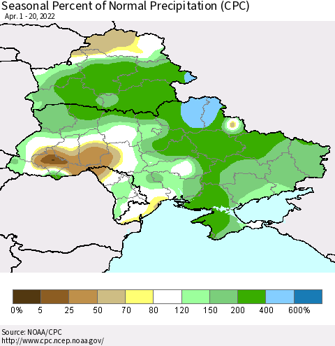 Ukraine, Moldova and Belarus Seasonal Percent of Normal Precipitation (CPC) Thematic Map For 4/1/2022 - 4/20/2022