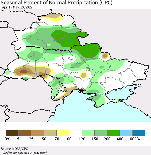 Ukraine, Moldova and Belarus Seasonal Percent of Normal Precipitation (CPC) Thematic Map For 4/1/2022 - 5/10/2022