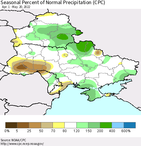 Ukraine, Moldova and Belarus Seasonal Percent of Normal Precipitation (CPC) Thematic Map For 4/1/2022 - 5/20/2022