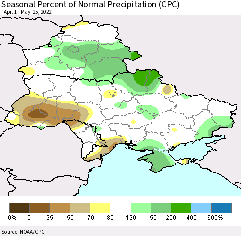 Ukraine, Moldova and Belarus Seasonal Percent of Normal Precipitation (CPC) Thematic Map For 4/1/2022 - 5/25/2022