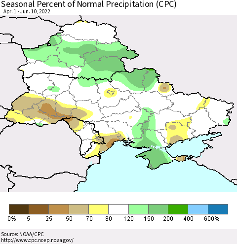 Ukraine, Moldova and Belarus Seasonal Percent of Normal Precipitation (CPC) Thematic Map For 4/1/2022 - 6/10/2022