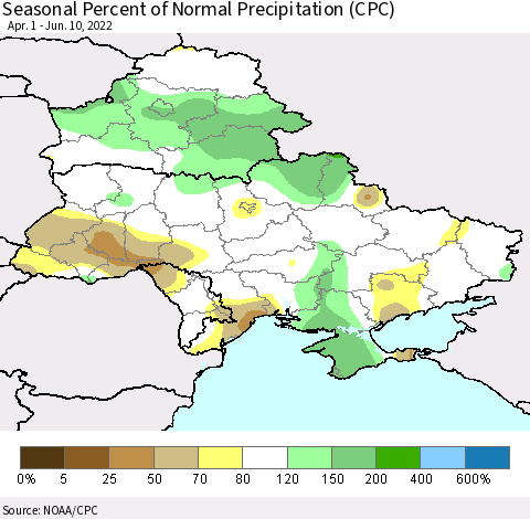 Ukraine, Moldova and Belarus Seasonal Percent of Normal Precipitation (CPC) Thematic Map For 4/1/2022 - 6/10/2022