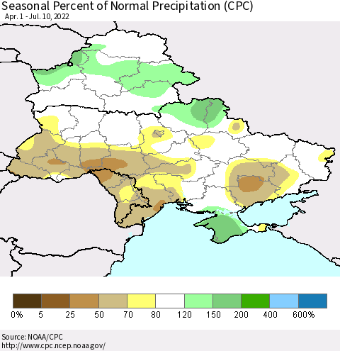 Ukraine, Moldova and Belarus Seasonal Percent of Normal Precipitation (CPC) Thematic Map For 4/1/2022 - 7/10/2022
