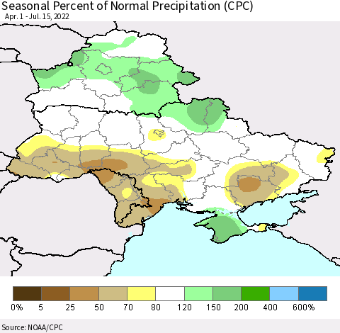 Ukraine, Moldova and Belarus Seasonal Percent of Normal Precipitation (CPC) Thematic Map For 4/1/2022 - 7/15/2022