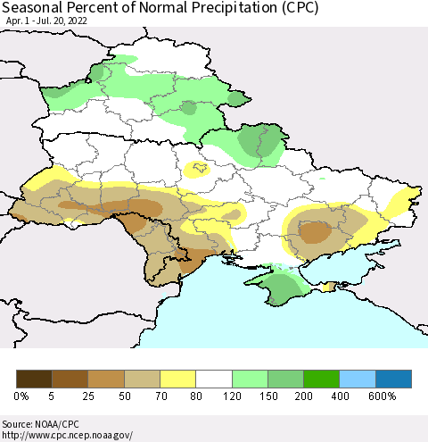 Ukraine, Moldova and Belarus Seasonal Percent of Normal Precipitation (CPC) Thematic Map For 4/1/2022 - 7/20/2022