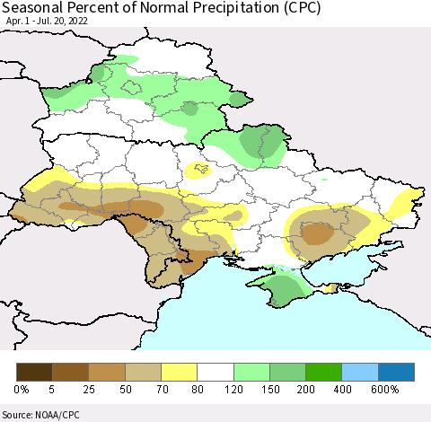 Ukraine, Moldova and Belarus Seasonal Percent of Normal Precipitation (CPC) Thematic Map For 4/1/2022 - 7/20/2022