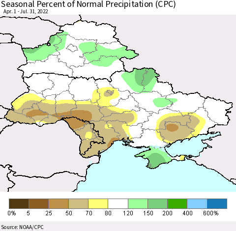 Ukraine, Moldova and Belarus Seasonal Percent of Normal Precipitation (CPC) Thematic Map For 4/1/2022 - 7/31/2022