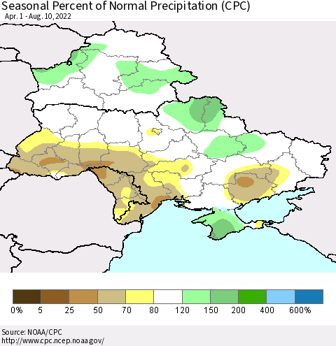 Ukraine, Moldova and Belarus Seasonal Percent of Normal Precipitation (CPC) Thematic Map For 4/1/2022 - 8/10/2022