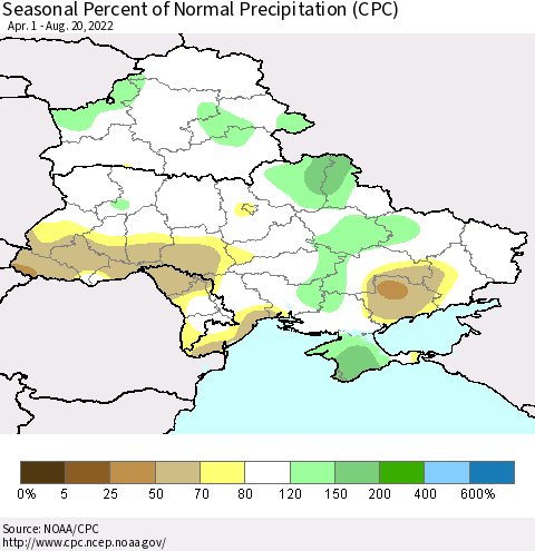 Ukraine, Moldova and Belarus Seasonal Percent of Normal Precipitation (CPC) Thematic Map For 4/1/2022 - 8/20/2022
