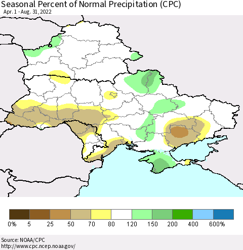 Ukraine, Moldova and Belarus Seasonal Percent of Normal Precipitation (CPC) Thematic Map For 4/1/2022 - 8/31/2022