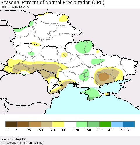 Ukraine, Moldova and Belarus Seasonal Percent of Normal Precipitation (CPC) Thematic Map For 4/1/2022 - 9/10/2022