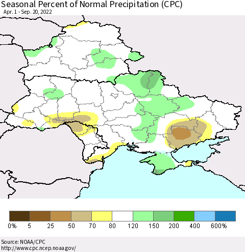 Ukraine, Moldova and Belarus Seasonal Percent of Normal Precipitation (CPC) Thematic Map For 4/1/2022 - 9/20/2022