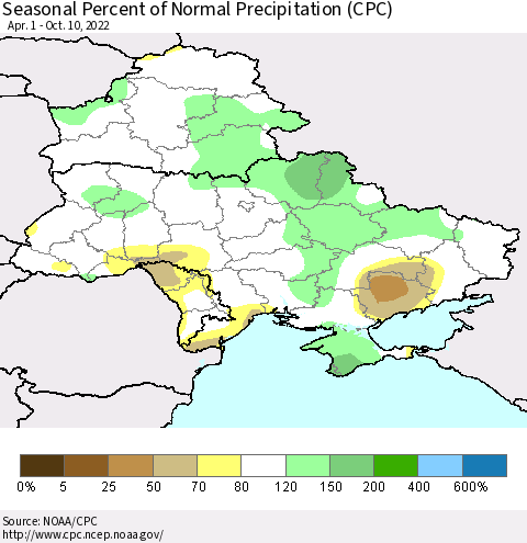 Ukraine, Moldova and Belarus Seasonal Percent of Normal Precipitation (CPC) Thematic Map For 4/1/2022 - 10/10/2022