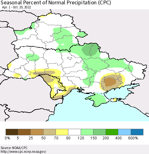 Ukraine, Moldova and Belarus Seasonal Percent of Normal Precipitation (CPC) Thematic Map For 4/1/2022 - 10/20/2022