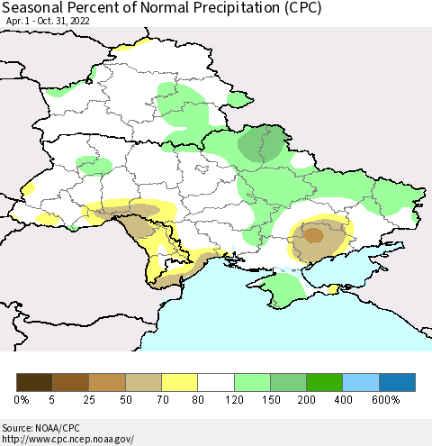 Ukraine, Moldova and Belarus Seasonal Percent of Normal Precipitation (CPC) Thematic Map For 4/1/2022 - 10/31/2022