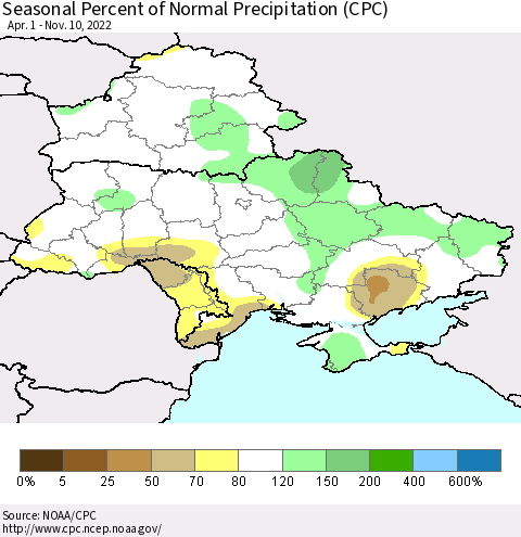 Ukraine, Moldova and Belarus Seasonal Percent of Normal Precipitation (CPC) Thematic Map For 4/1/2022 - 11/10/2022