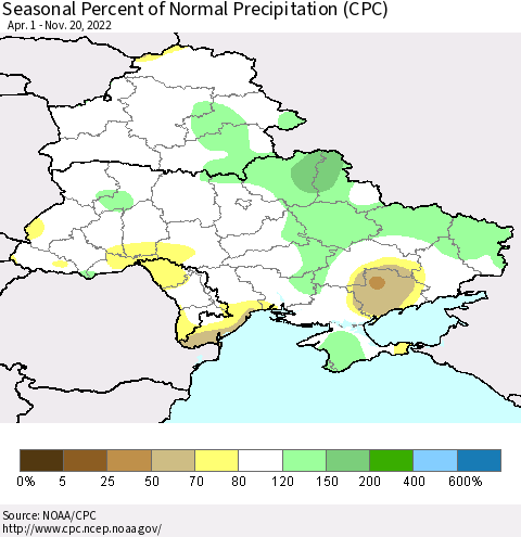 Ukraine, Moldova and Belarus Seasonal Percent of Normal Precipitation (CPC) Thematic Map For 4/1/2022 - 11/20/2022