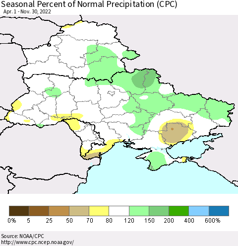 Ukraine, Moldova and Belarus Seasonal Percent of Normal Precipitation (CPC) Thematic Map For 4/1/2022 - 11/30/2022