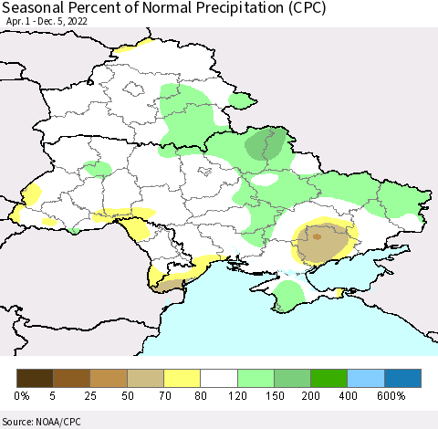 Ukraine, Moldova and Belarus Seasonal Percent of Normal Precipitation (CPC) Thematic Map For 4/1/2022 - 12/5/2022