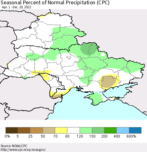 Ukraine, Moldova and Belarus Seasonal Percent of Normal Precipitation (CPC) Thematic Map For 4/1/2022 - 12/20/2022