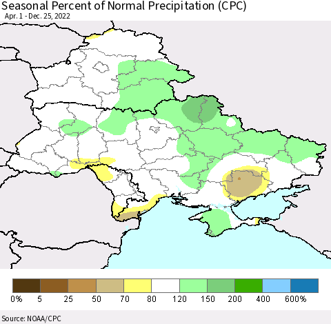 Ukraine, Moldova and Belarus Seasonal Percent of Normal Precipitation (CPC) Thematic Map For 4/1/2022 - 12/25/2022