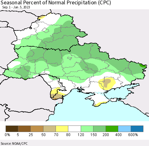 Ukraine, Moldova and Belarus Seasonal Percent of Normal Precipitation (CPC) Thematic Map For 9/1/2022 - 1/5/2023