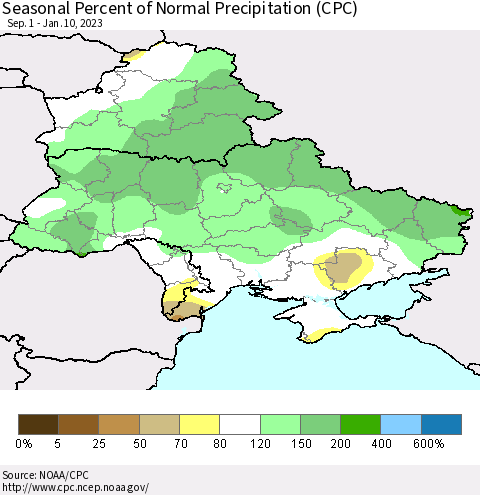Ukraine, Moldova and Belarus Seasonal Percent of Normal Precipitation (CPC) Thematic Map For 9/1/2022 - 1/10/2023