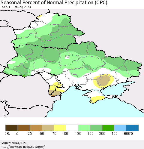 Ukraine, Moldova and Belarus Seasonal Percent of Normal Precipitation (CPC) Thematic Map For 9/1/2022 - 1/20/2023