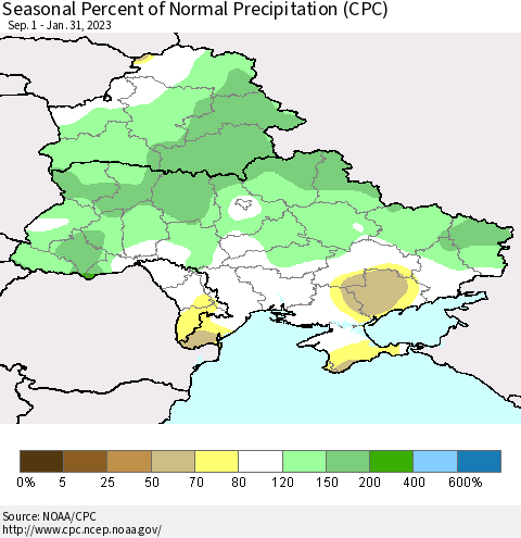 Ukraine, Moldova and Belarus Seasonal Percent of Normal Precipitation (CPC) Thematic Map For 9/1/2022 - 1/31/2023
